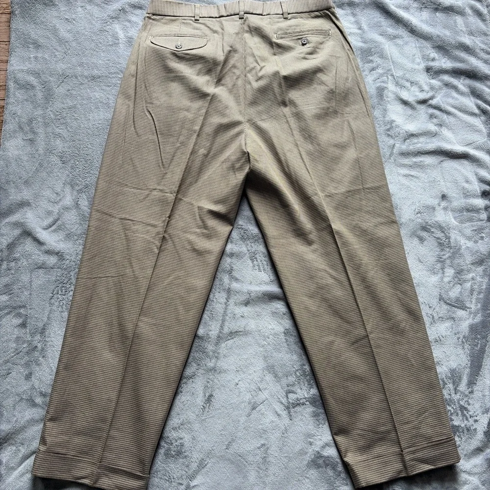 Vintage Polo Ralph Lauren Houndstooth Pleated Cotton Trousers Brown Tan 36x30‎